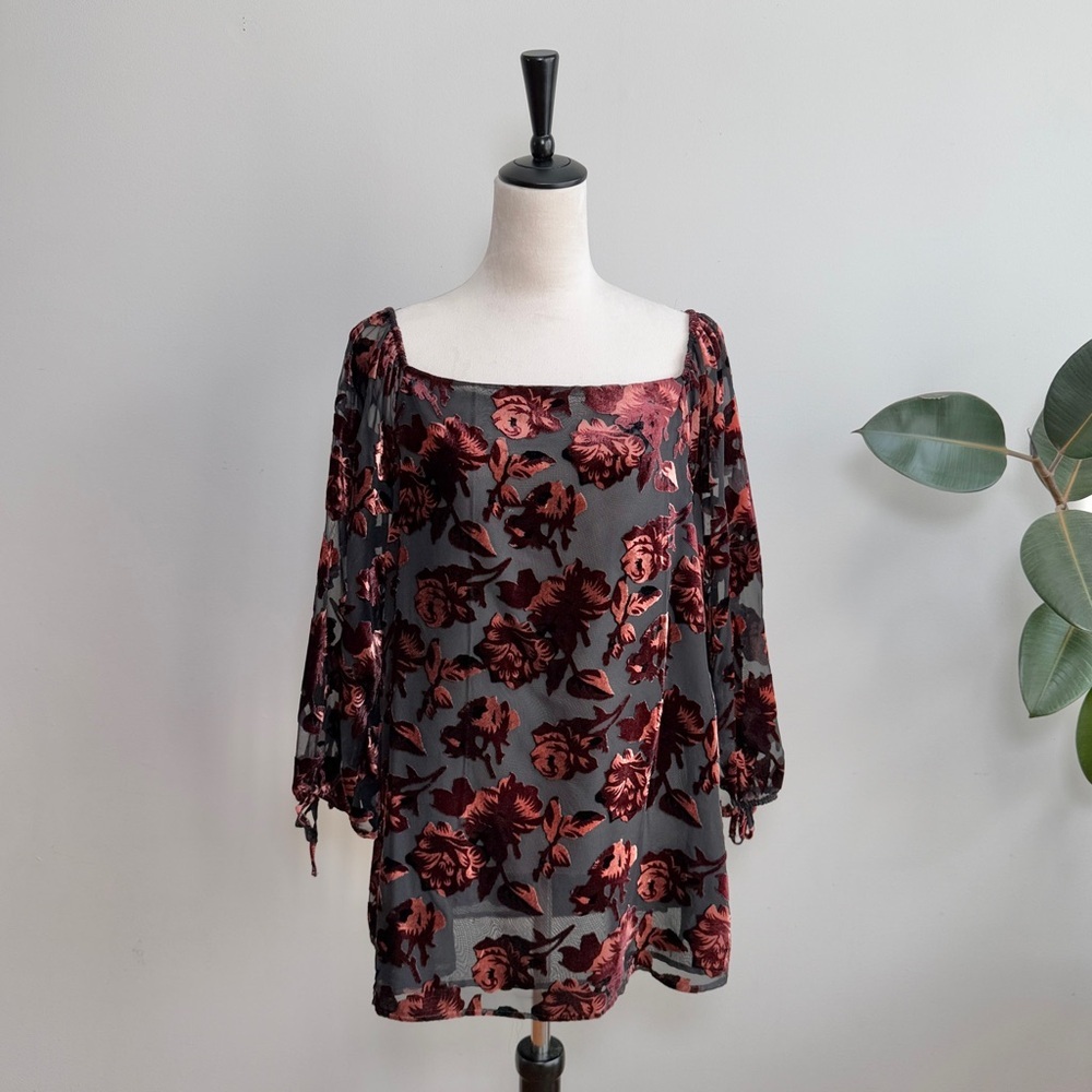 Adiva floral velvet burnout semi sheer blouse top